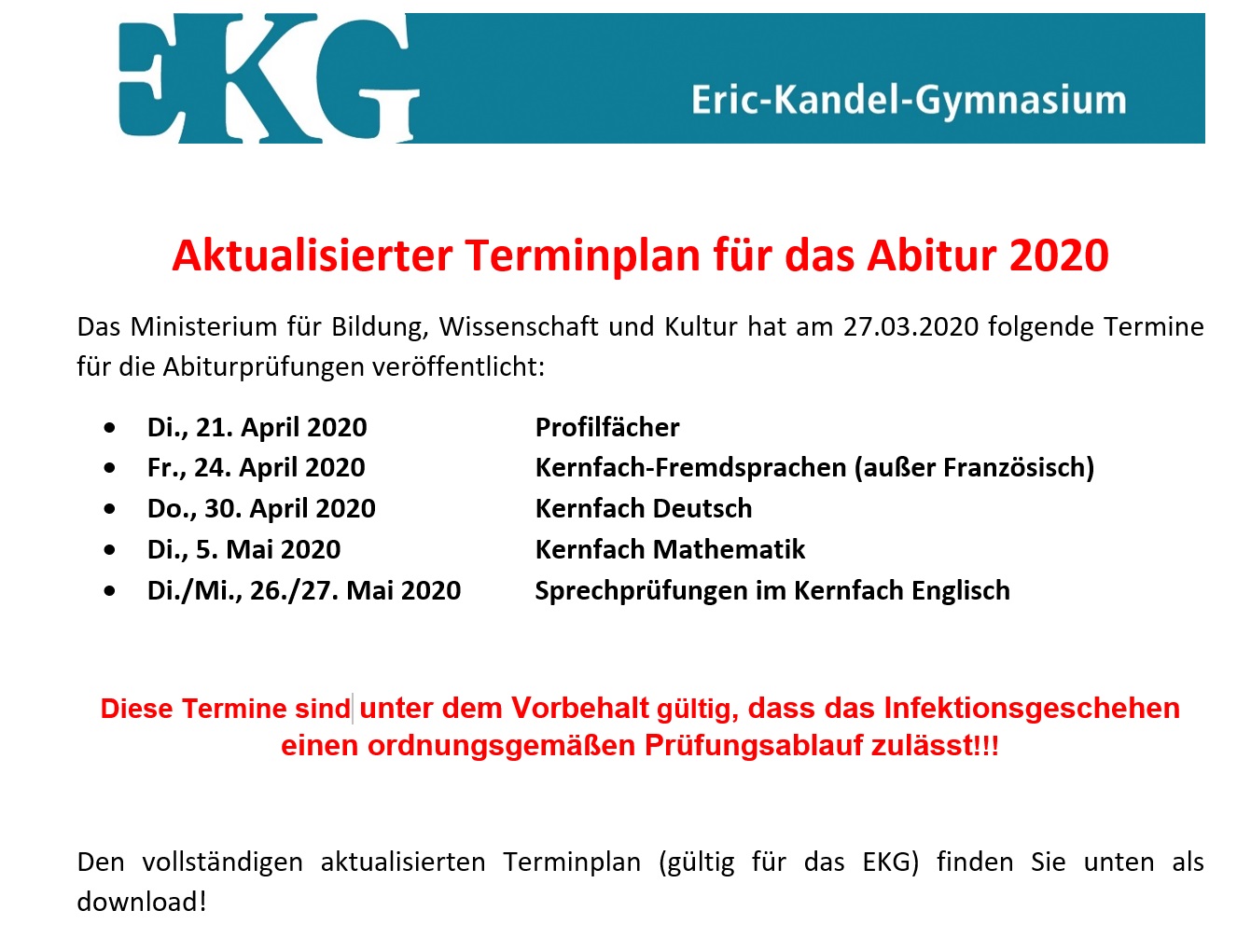 Ankündigung auf der Homepage aktualisierter Terminplan 3